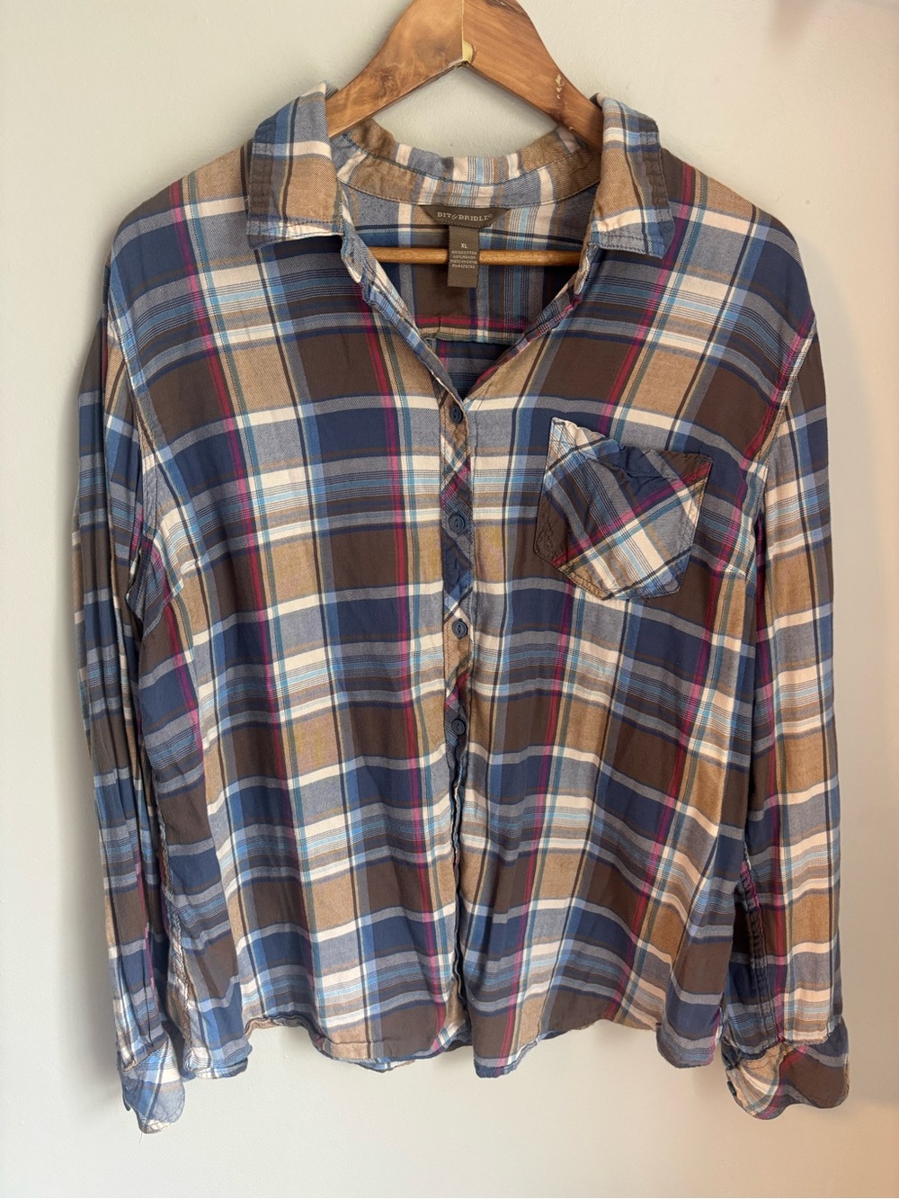Bit & Bridle Plaid Button-Up Shirt in Blue and Brown XL